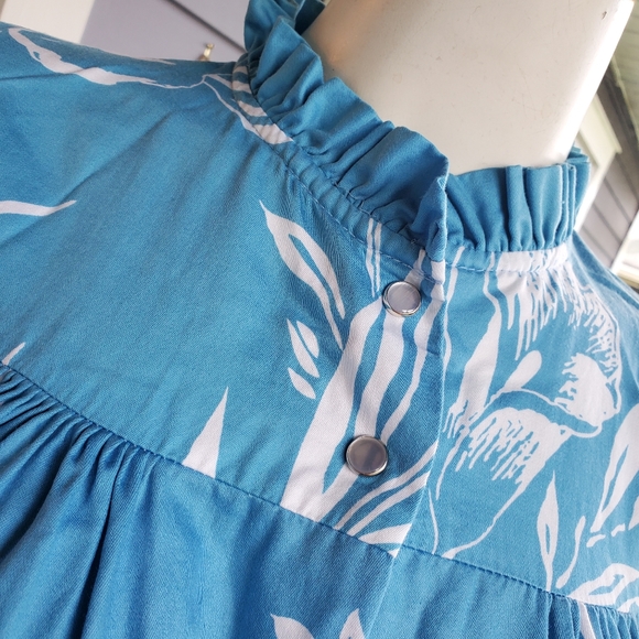 Vintage Ruffle Puff Shoulders Snap Front Pleated 2 Pockets Floral Mumu Dress - Picture 5 of 10